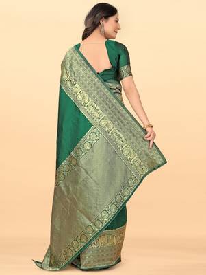 Green silk blend banarasi saree with unstitched blouse piece 3