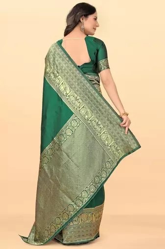 Green silk blend banarasi saree with unstitched blouse piece