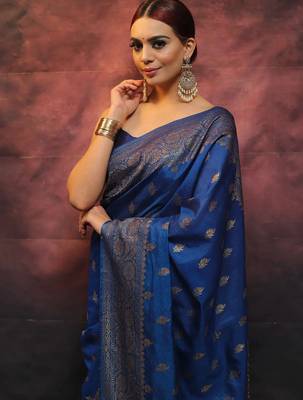 Blue silk blend banarasi saree with unstitched blouse piece 2
