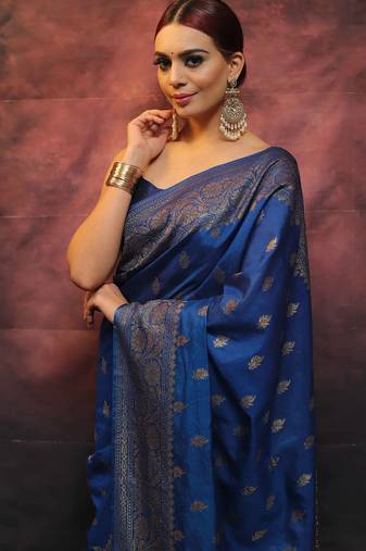 Blue soft silk blend banarasi jacuard work designer party wear saree with unstitched blouse piece