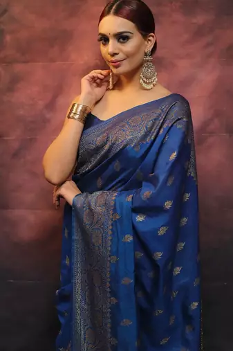 Blue soft silk blend banarasi jacuard work designer party wear saree with unstitched blouse piece