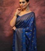 Blue soft silk blend banarasi jacuard work designer party wear saree with unstitched blouse piece