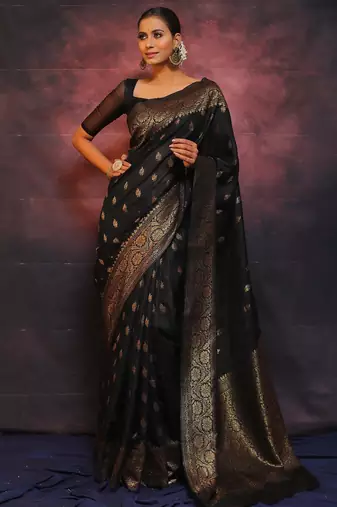 Black silk blend banarasi saree with unstitched blouse piece