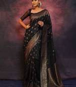 Black soft silk blend banarasi jacuard work designer party wear saree with unstitched blouse piece