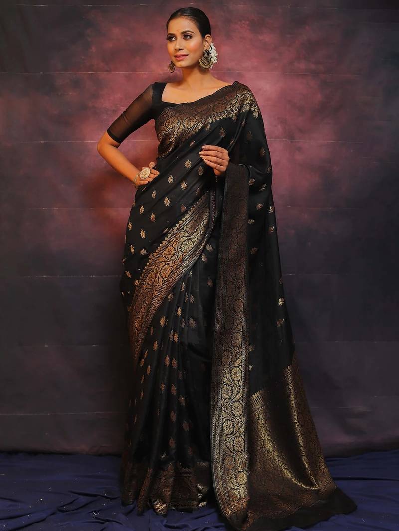 Black soft silk blend banarasi jacuard work designer party wear saree with unstitched blouse piece