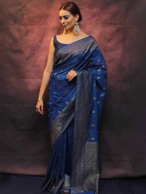 Blue silk blend banarasi saree with unstitched blouse piece 1