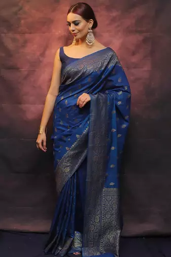 Blue soft silk blend banarasi jacuard work designer party wear saree with unstitched blouse piece