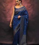 Blue soft silk blend banarasi jacuard work designer party wear saree with unstitched blouse piece