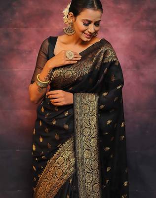 Black silk blend banarasi saree with unstitched blouse piece 1