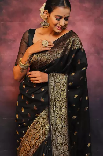 Black soft silk blend banarasi jacuard work designer party wear saree with unstitched blouse piece