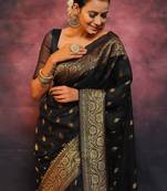 Black silk blend banarasi saree with unstitched blouse piece
