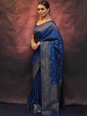 Blue silk blend banarasi saree with unstitched blouse piece 3
