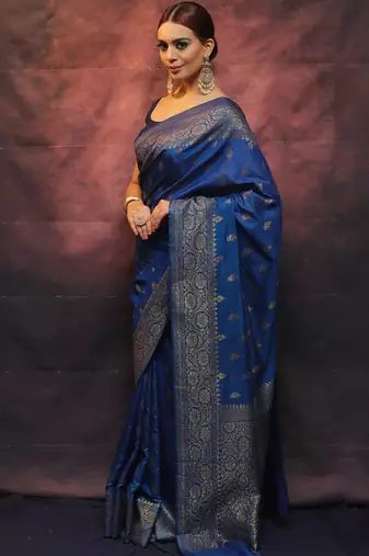 Blue silk blend banarasi saree with unstitched blouse piece