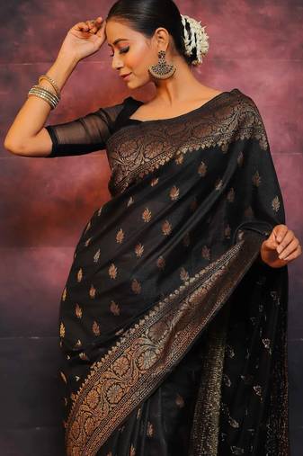 Black soft silk blend banarasi jacuard work designer party wear saree with unstitched blouse piece