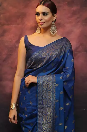 Blue silk blend banarasi saree with unstitched blouse piece