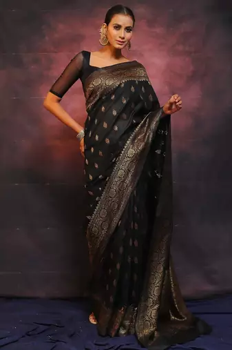 Black silk blend banarasi saree with unstitched blouse piece