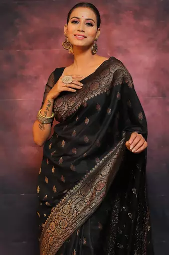 Black silk blend banarasi saree with unstitched blouse piece