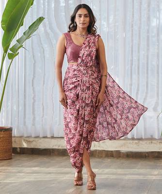 Burgundy printed swiss satin saree set 1