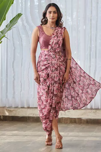 Burgundy printed swiss satin saree set