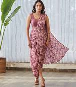 Burgundy printed swiss satin saree set