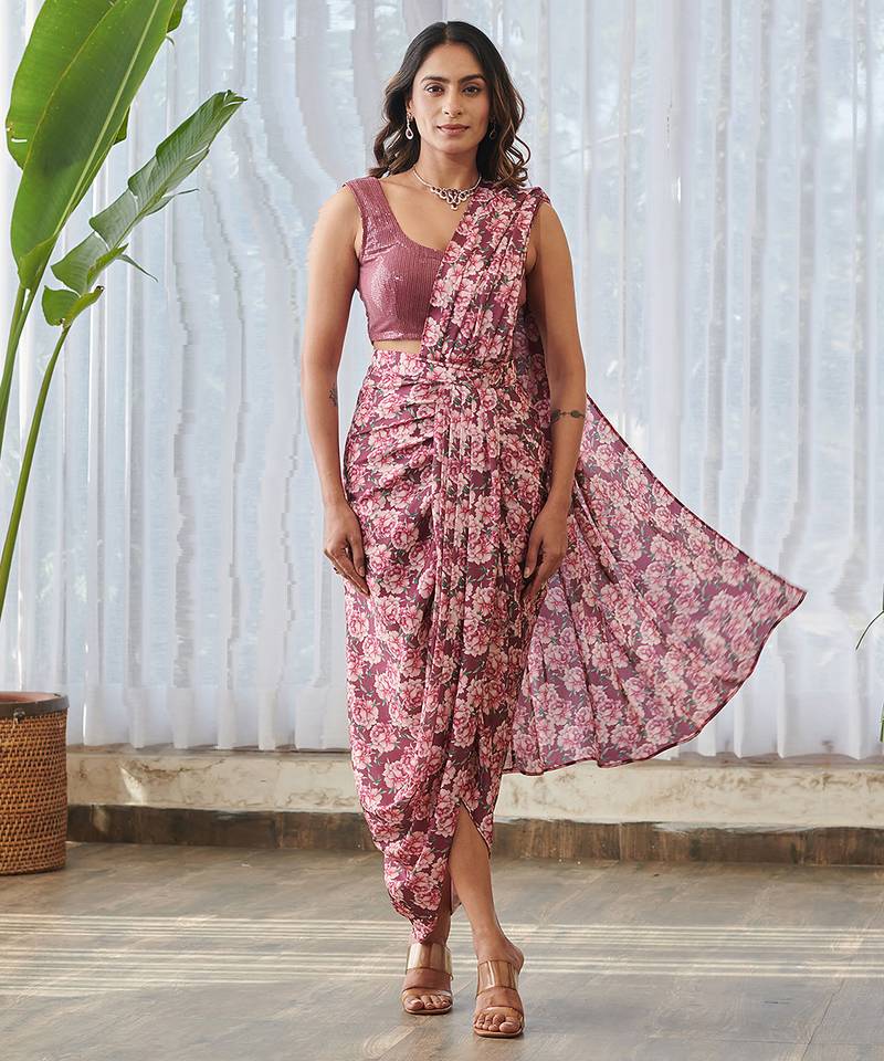 Burgundy printed swiss satin saree set