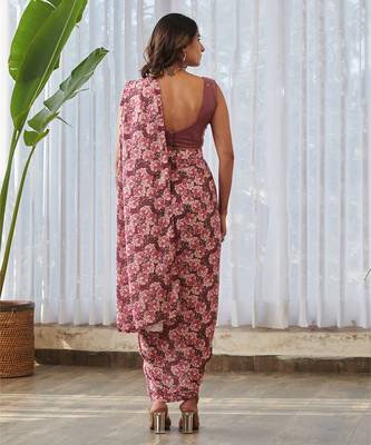 Burgundy printed swiss satin saree set 2