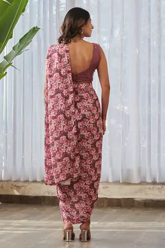 Burgundy printed swiss satin saree set
