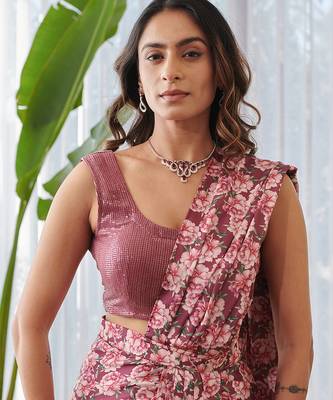 Burgundy printed swiss satin saree set 3