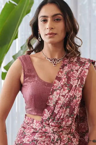 Burgundy printed swiss satin saree set