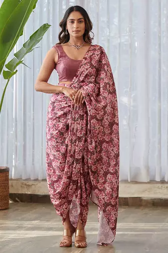 Burgundy printed swiss satin saree set