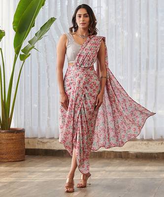 Pale grey printed swiss satin saree set 1