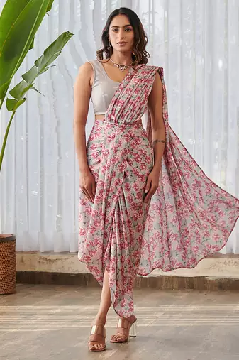 Pale grey printed swiss satin saree set