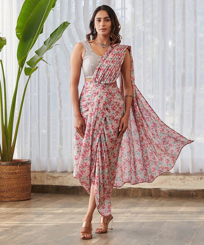 Pale grey printed swiss satin saree set