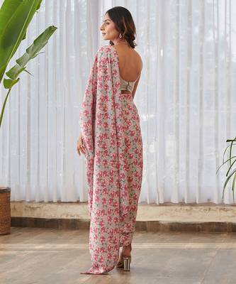 Pale grey printed swiss satin saree set 2