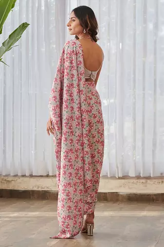 Pale grey printed swiss satin saree set