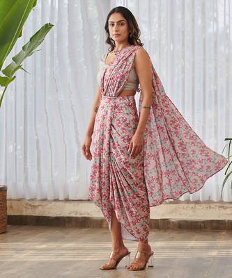 Pale grey printed swiss satin saree set 3