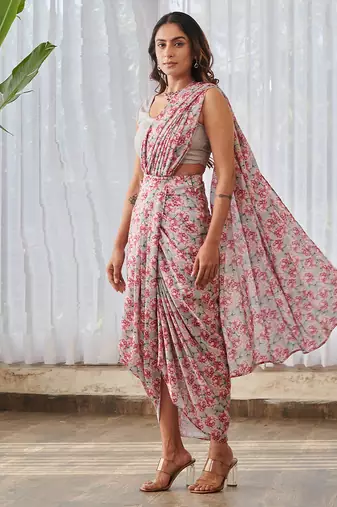 Pale grey printed swiss satin saree set
