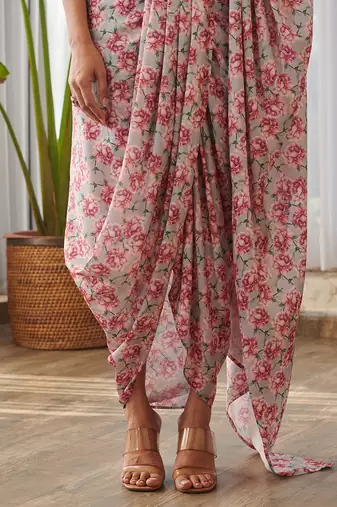 Pale grey printed swiss satin saree set