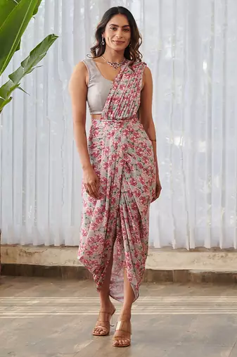 Pale grey printed swiss satin saree set