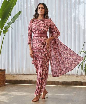 Burgundy printed swiss satin saree dress 1