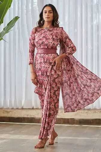 Burgundy printed swiss satin saree dress