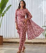 Burgundy printed swiss satin saree dress