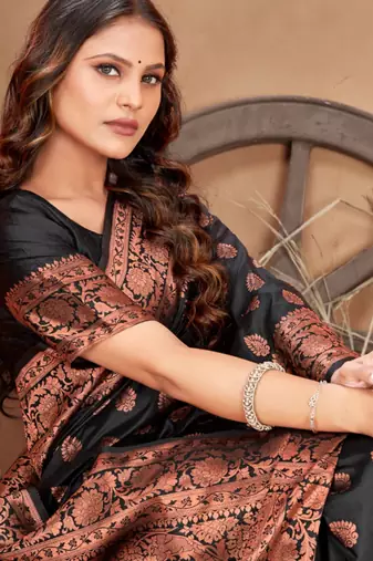 Black silk blend banarasi saree with unstitched blouse piece