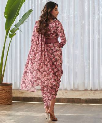 Burgundy printed swiss satin saree dress 2