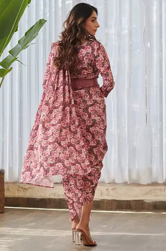 Burgundy printed swiss satin saree dress