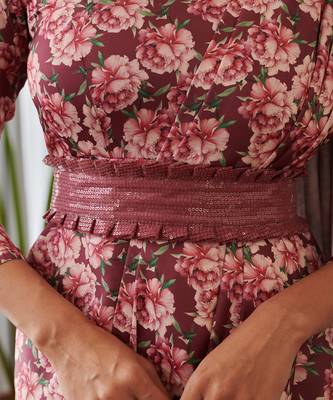 Burgundy printed swiss satin saree dress 3