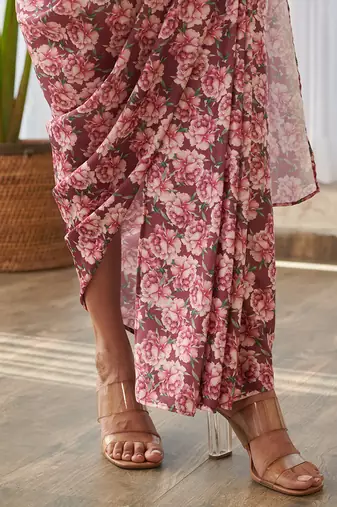 Burgundy printed swiss satin saree dress