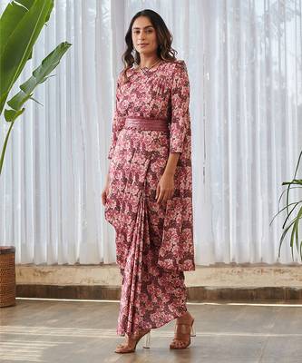 Burgundy printed swiss satin saree dress 5