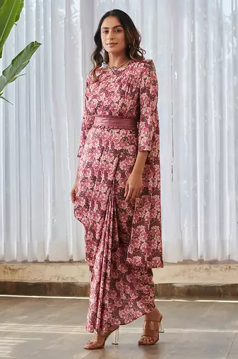 Burgundy printed swiss satin saree dress