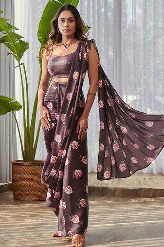 Dark brown printed swiss satin saree set
